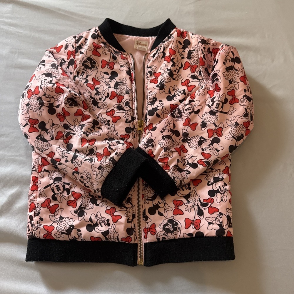 Disney Tutu Couture Collection Silky Minnie Mouse Pink Zip Up Bomber Jacket 7/8